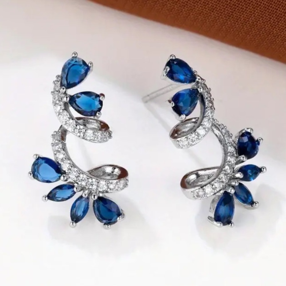 Sapphire & Diamond Silver Stud Earrings - Picture 2 of 8